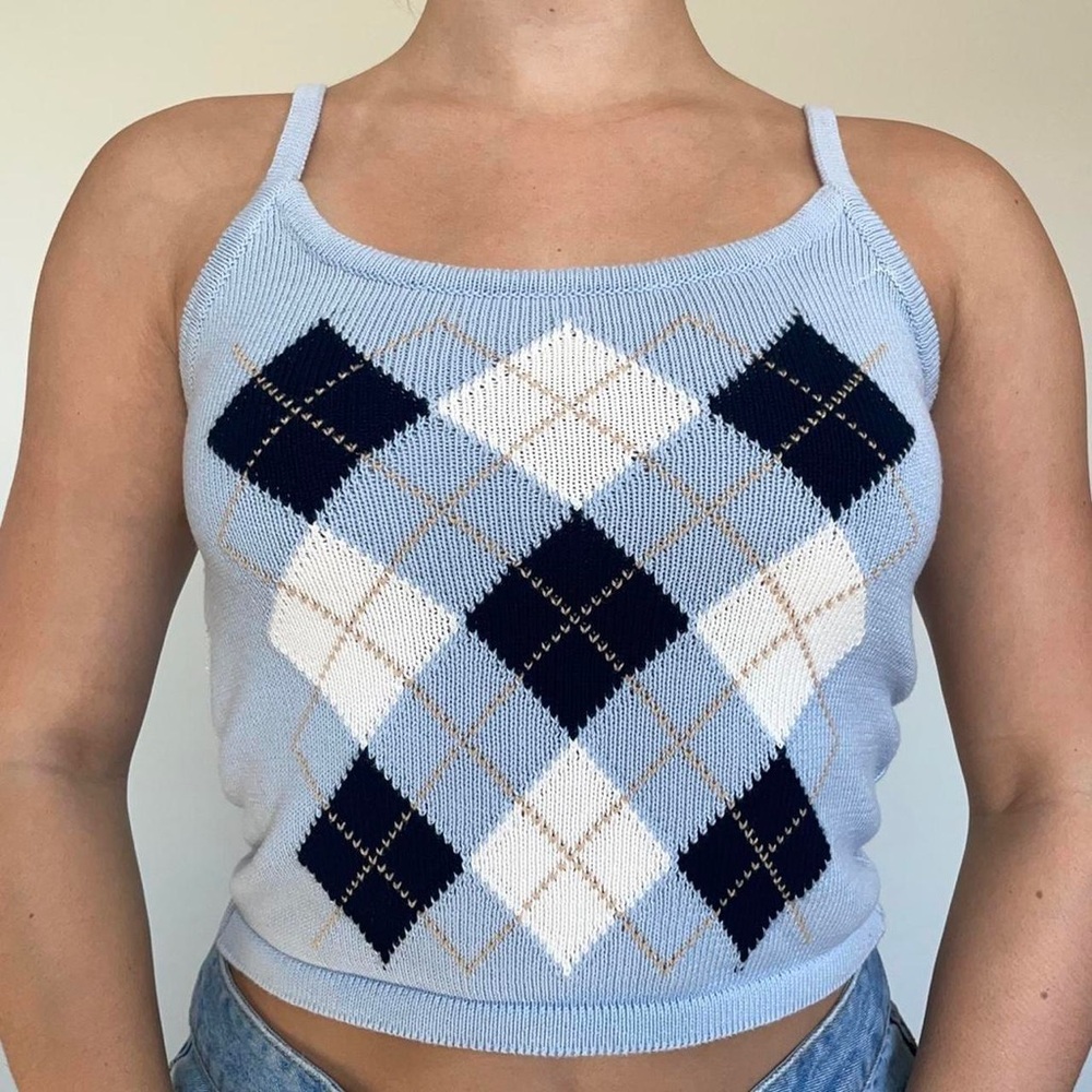 Brandy Melville Argyle Patterned Blue Knit Tank Top